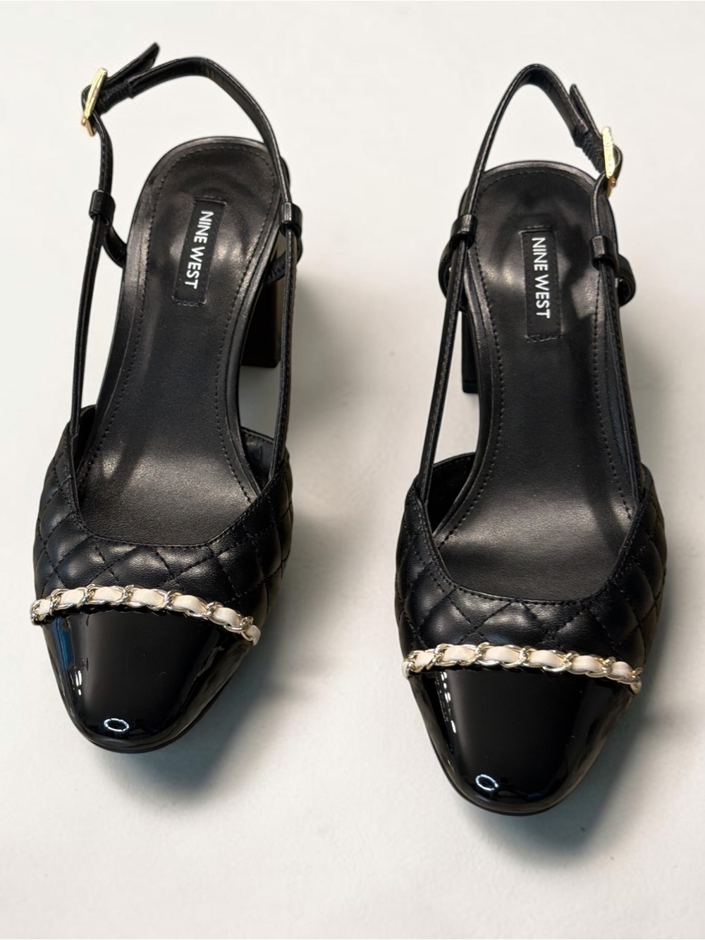 Nine West Black Quilted Slingback Heels with Chain Accent